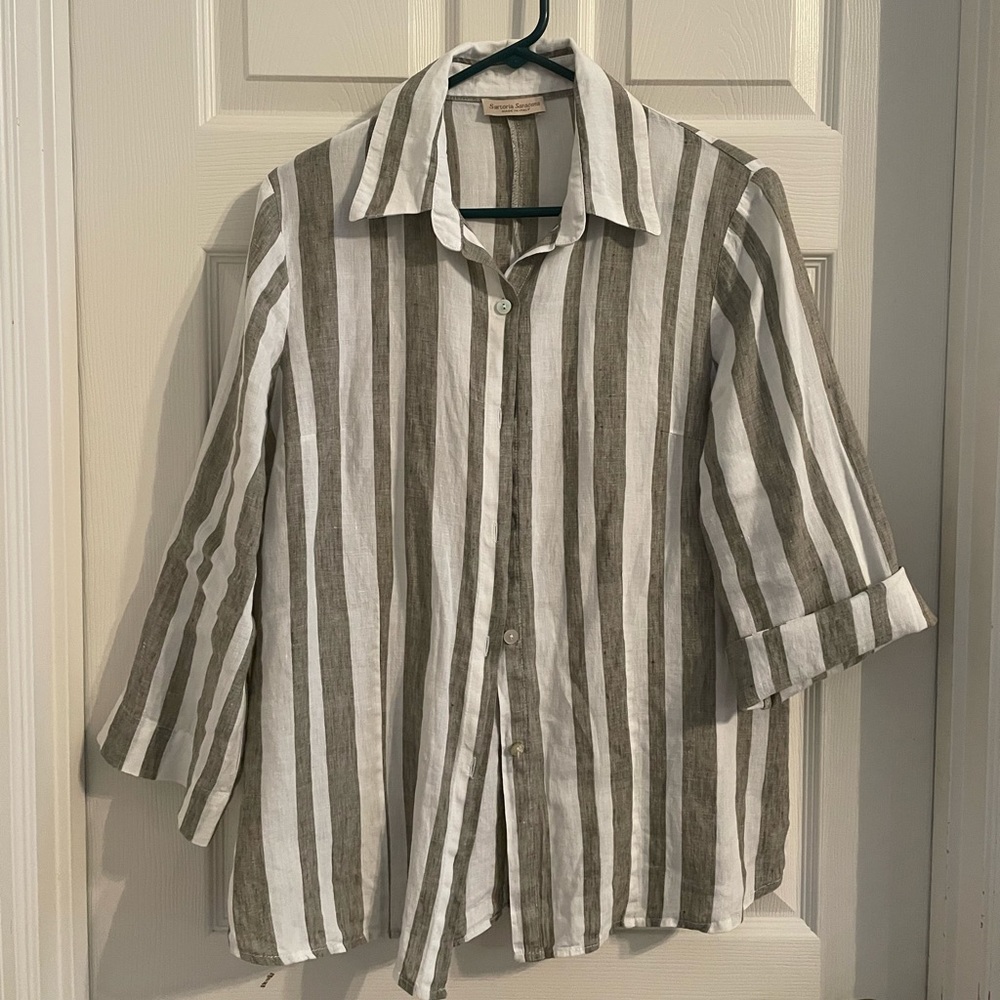Khaki and White Striped Italian Linen Shirt